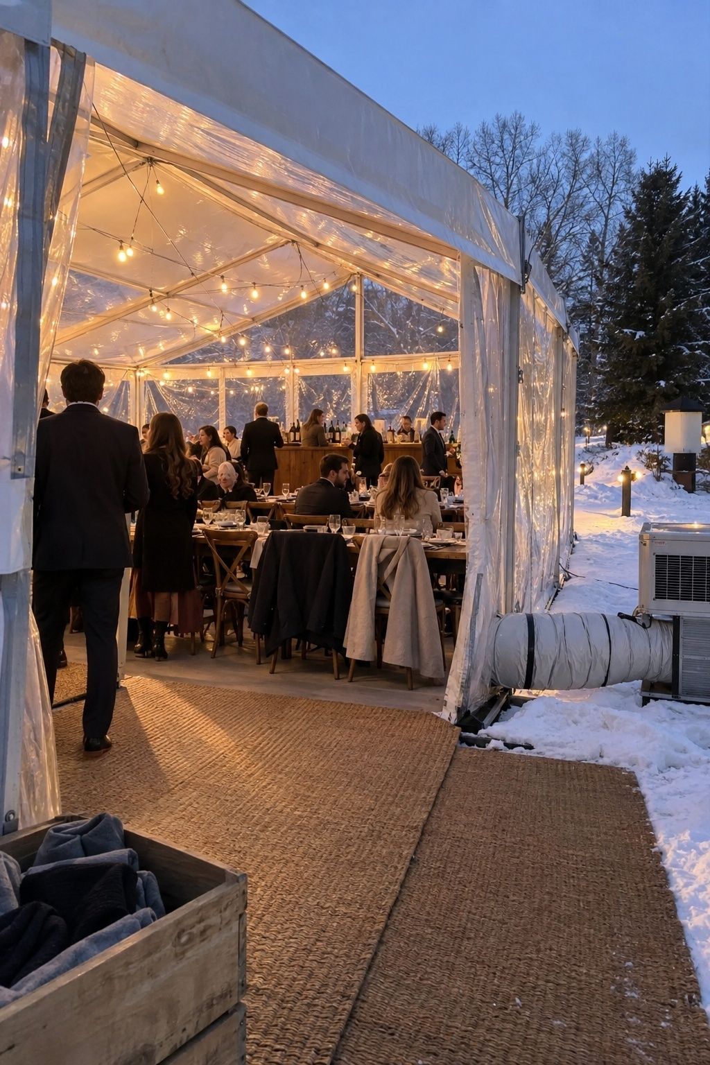 Heated clear December wedding tent with a dry guest entrance and external heat duct