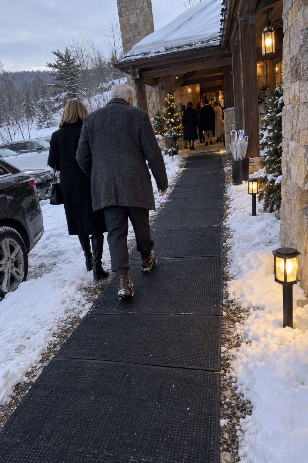 Dry nonslip walkway from snowy parking to a December wedding entrance