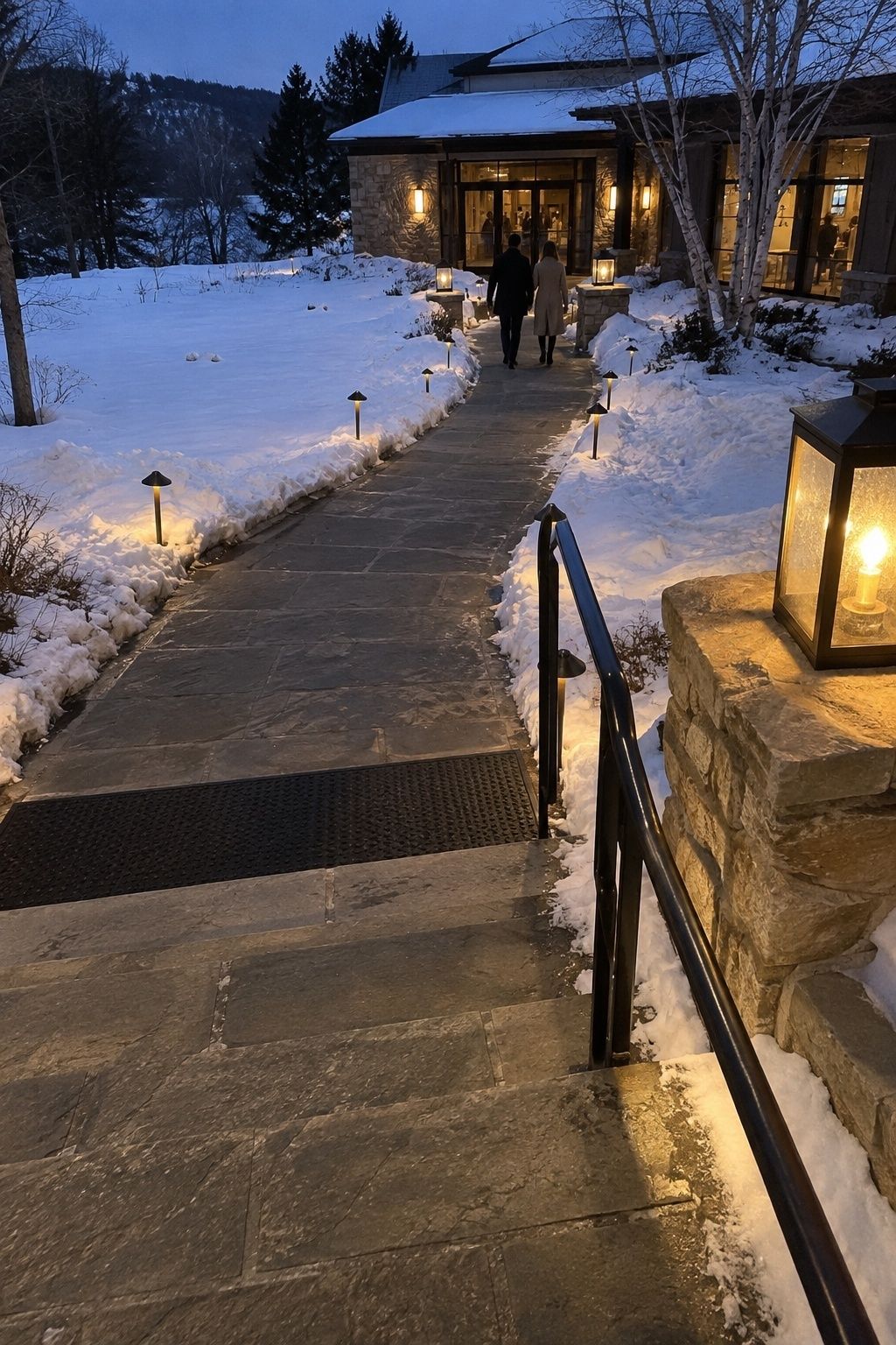 Lit stone steps and dry path guiding December wedding guests indoors after sunset