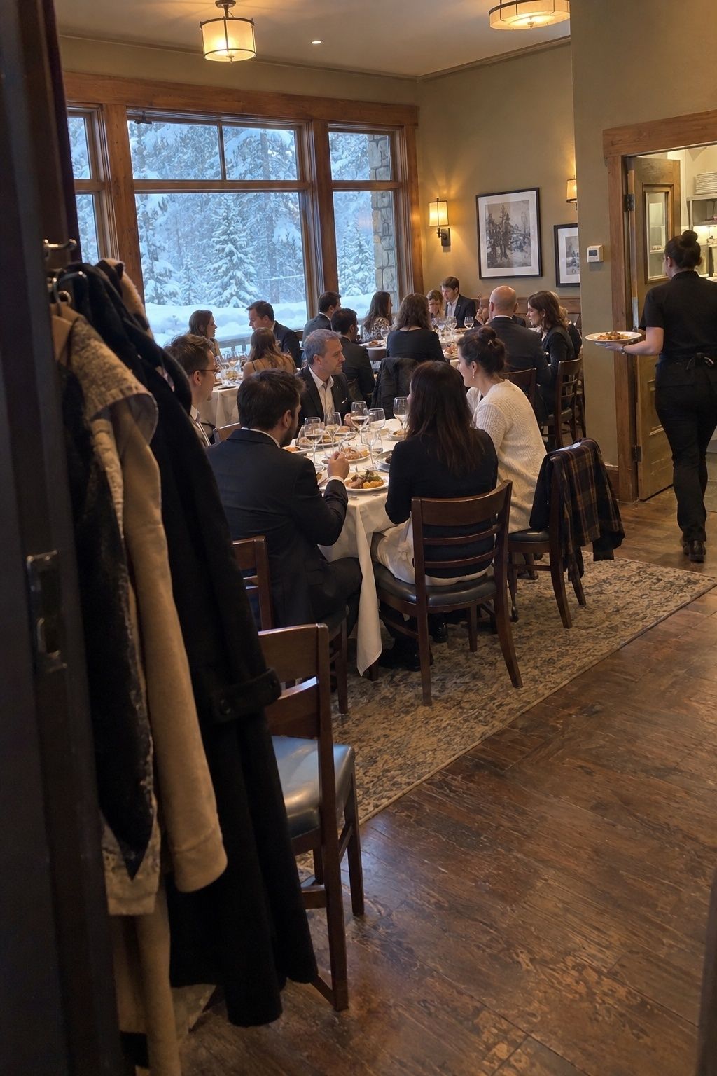 Warm indoor December wedding dinner with snowy windows and coats near the entrance