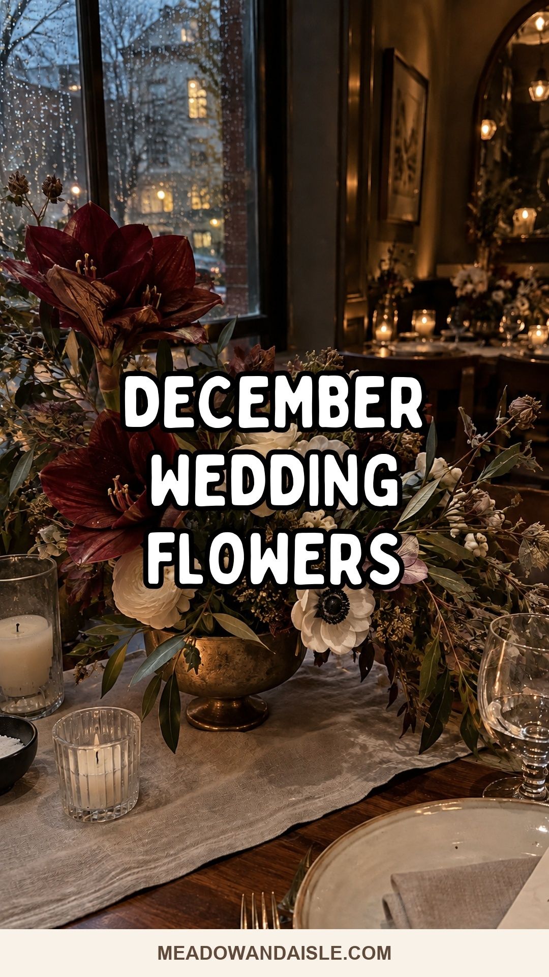 December wedding flowers Pinterest pin with amaryllis anemones hellebores and winter greenery