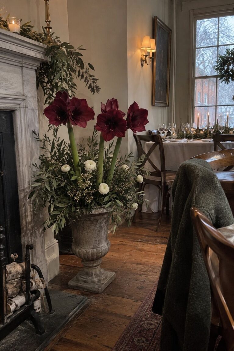 Burgundy amaryllis with ivory ranunculus in a December wedding fireplace arrangement