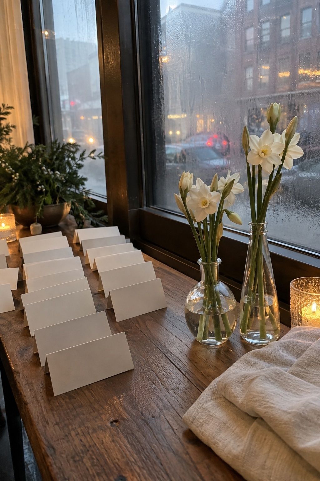 White paperwhites in glass bud vases on a rainy December wedding welcome table