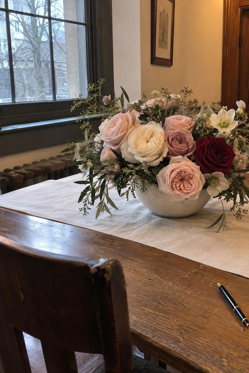Blush ivory mauve and wine garden roses on a December courthouse wedding table
