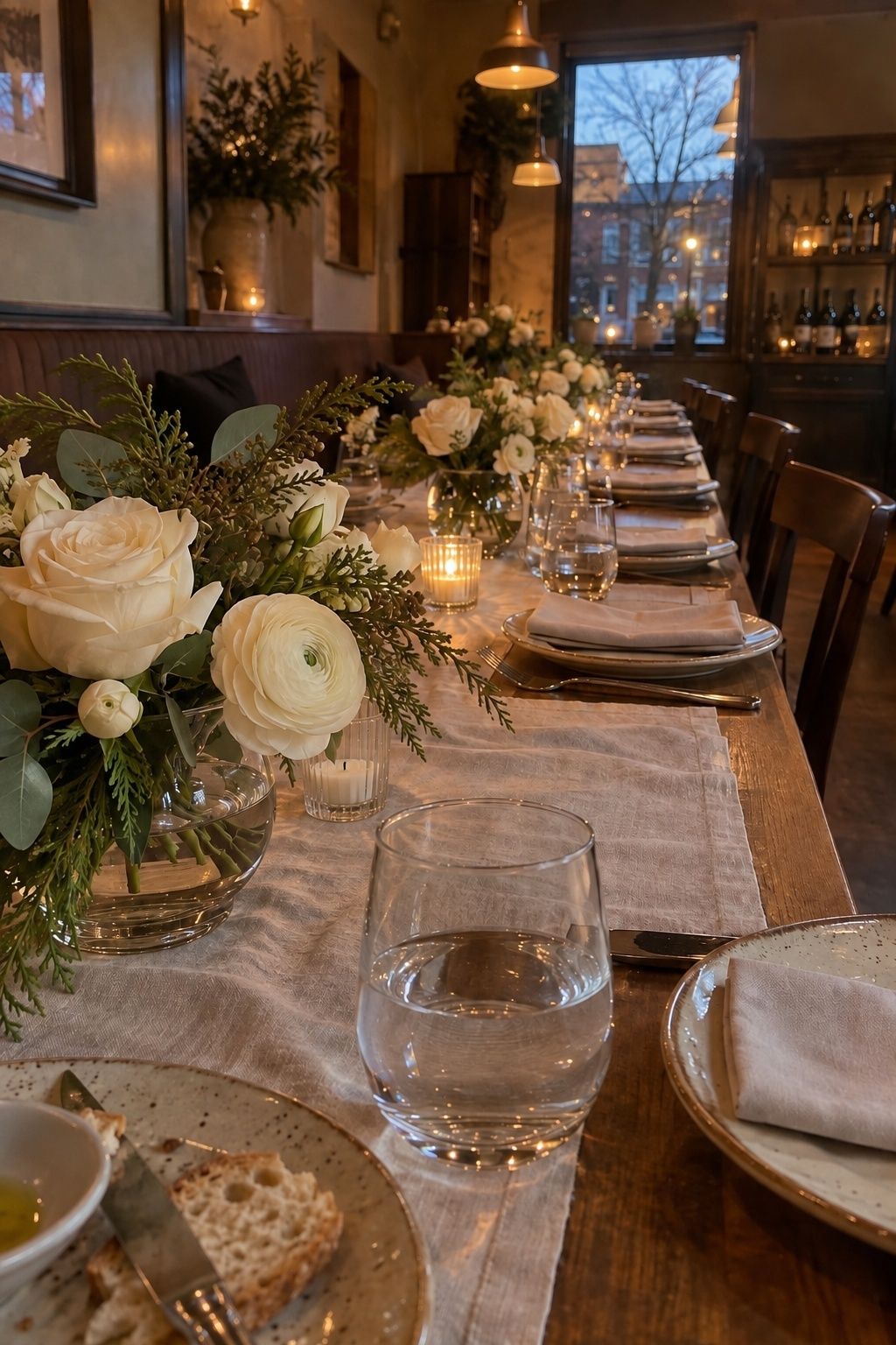 Loose white rose and winter greenery centerpieces on a small December wedding table