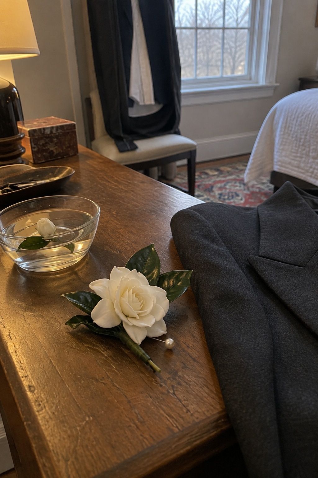 Single gardenia boutonniere beside a charcoal wedding suit in a December prep room