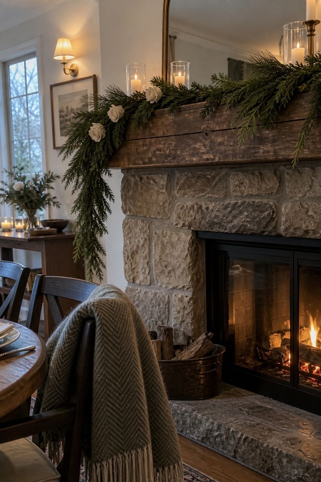 Restrained cedar pine and ivory rose garland on an intimate December wedding mantel
