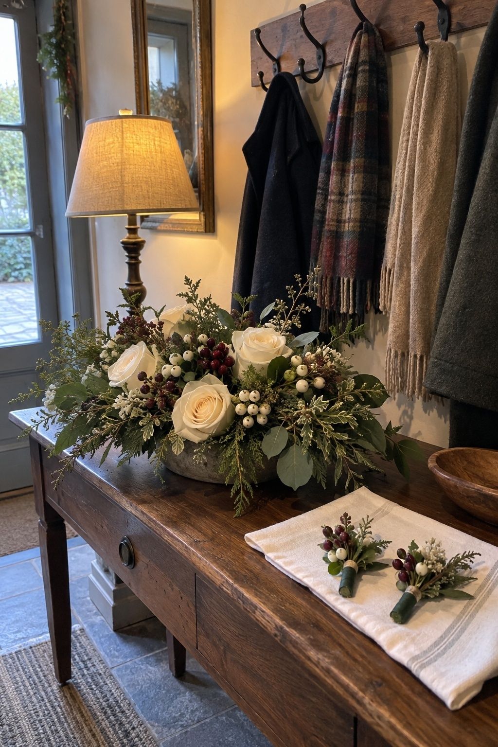 Restrained burgundy and pale berries with ivory roses at a December wedding entrance