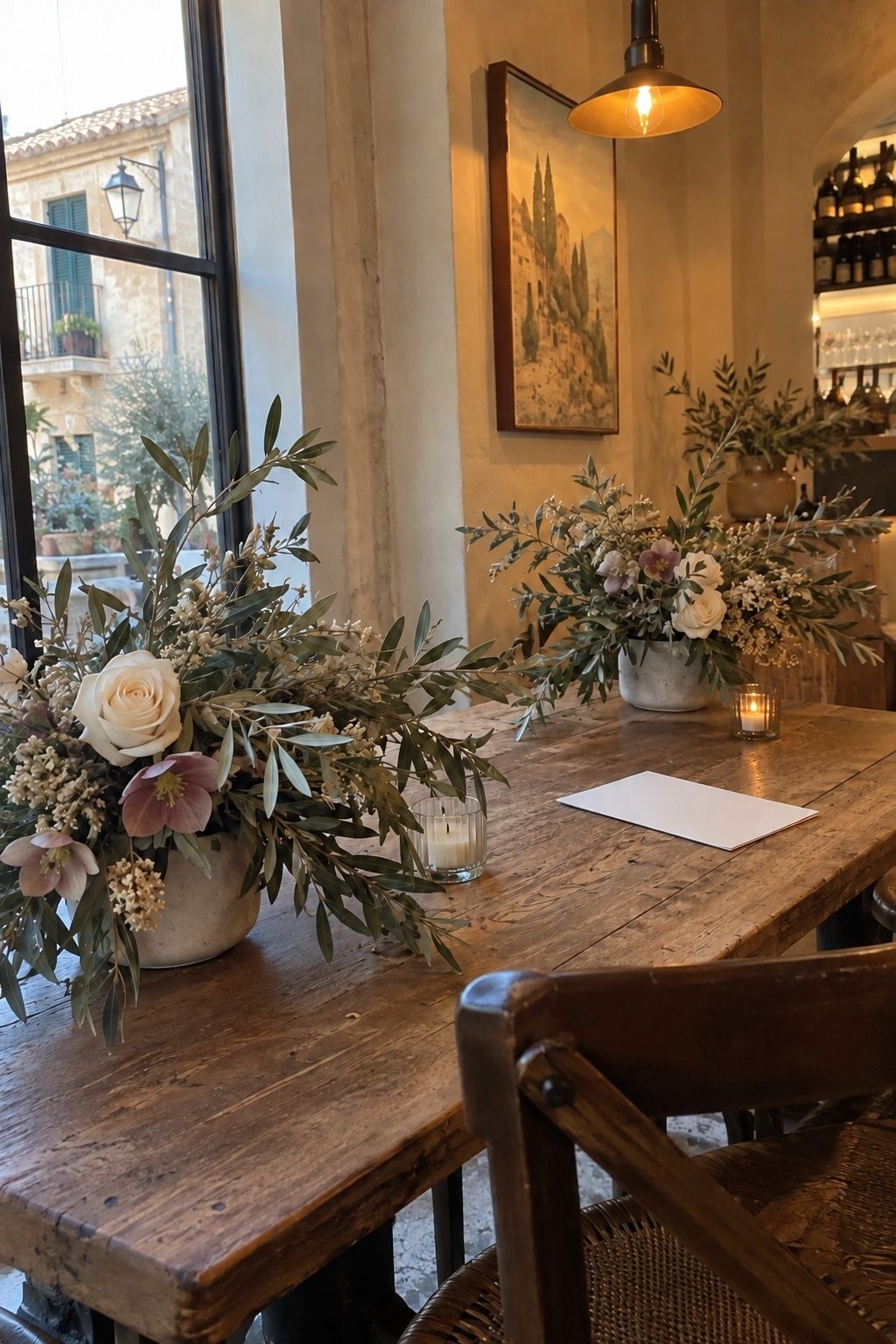 Olive greenery with ivory roses and mauve hellebores at a December restaurant wedding