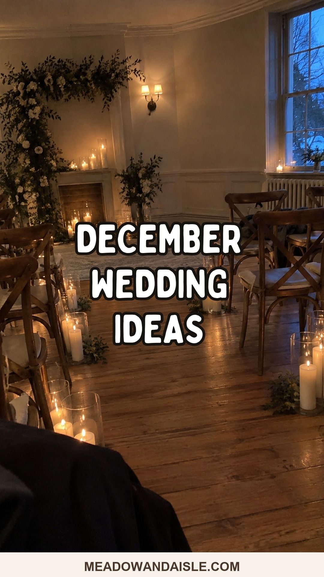 December wedding ideas Pinterest pin with a candlelit intimate ceremony.