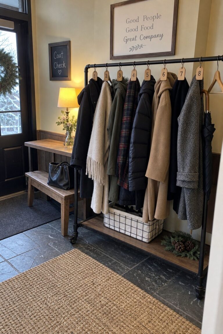 Create Designed Coat Storage for Winter Layers at an intimate December wedding.