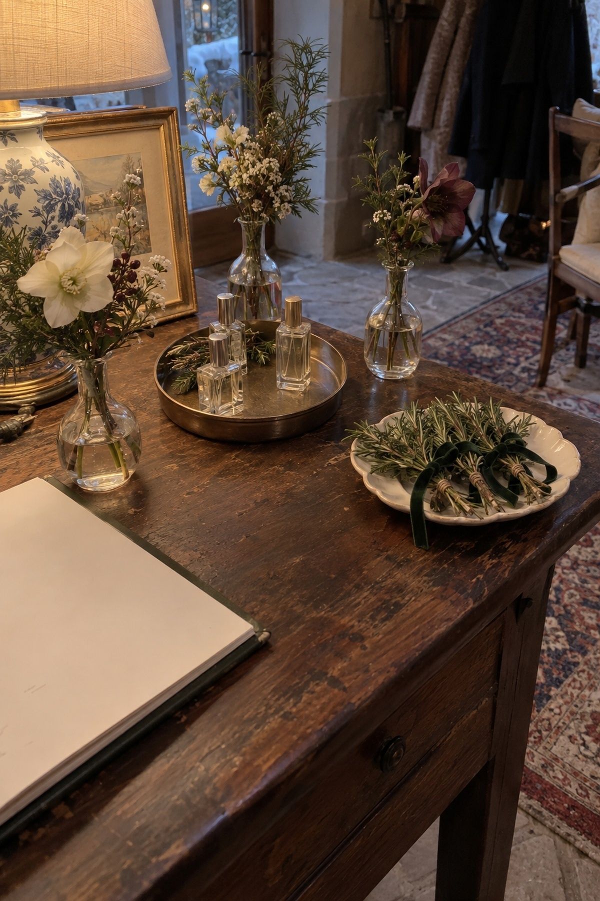 Small flower or perfume bar at a winter wedding