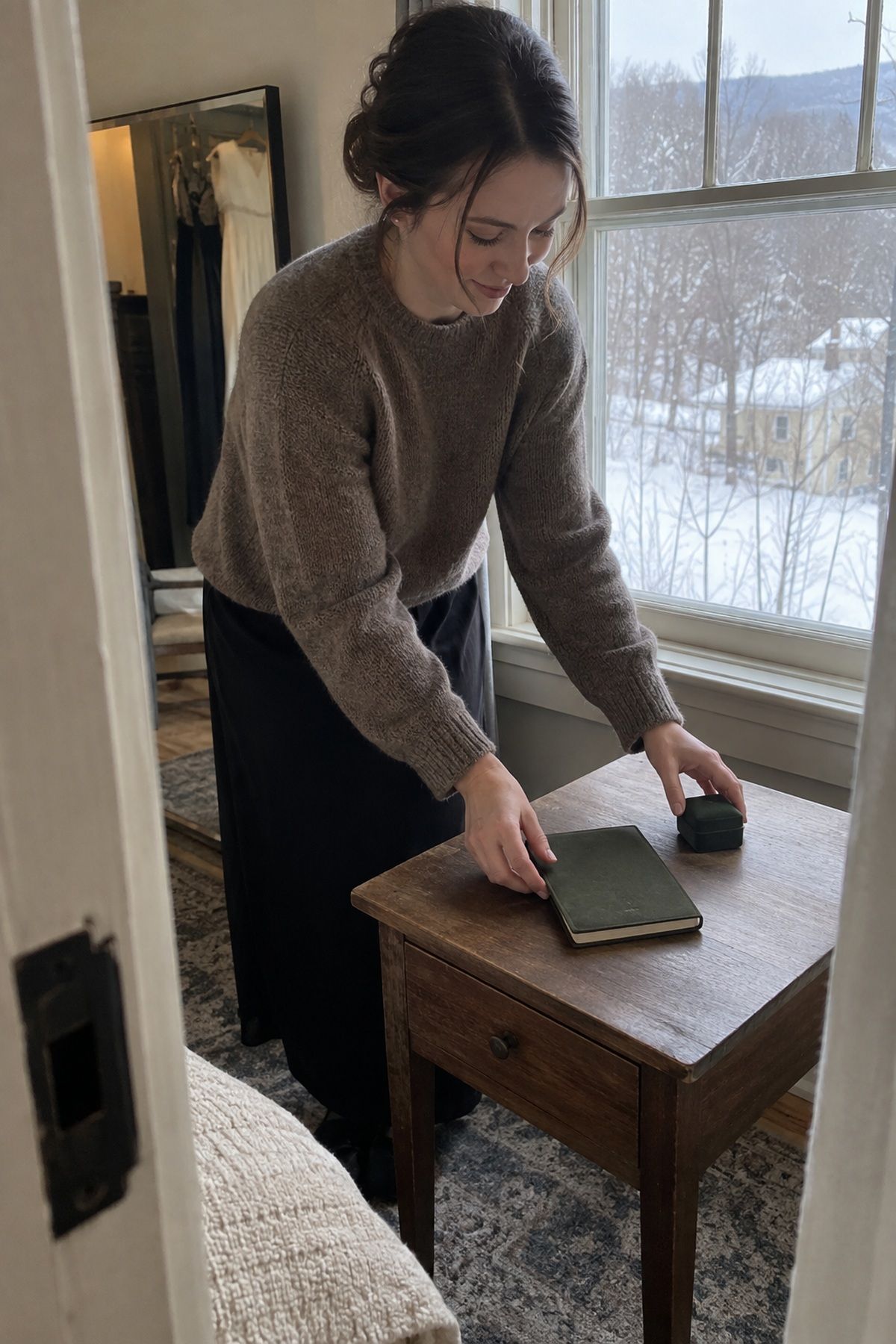 A bridesmaid arranges a blank vow book and ring box on a window-lit December detail table.
