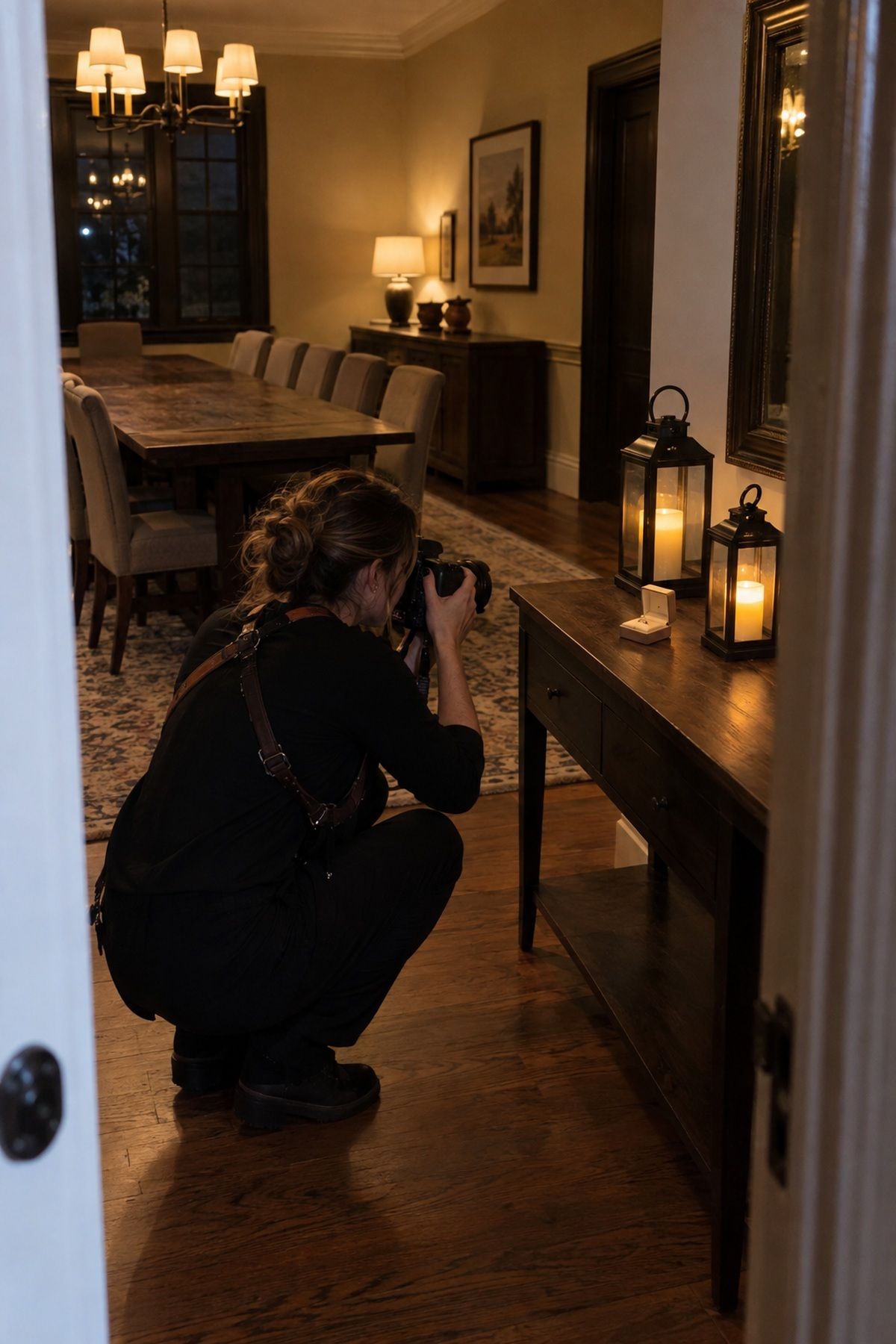 A photographer captures wedding rings beside fully enclosed flameless lanterns.
