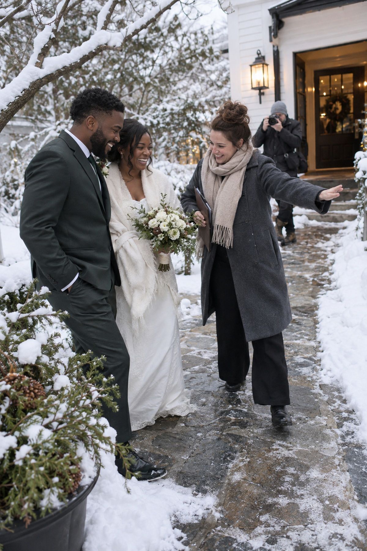 A coordinator guides newlyweds toward a quick portrait on a cleared snowy path.