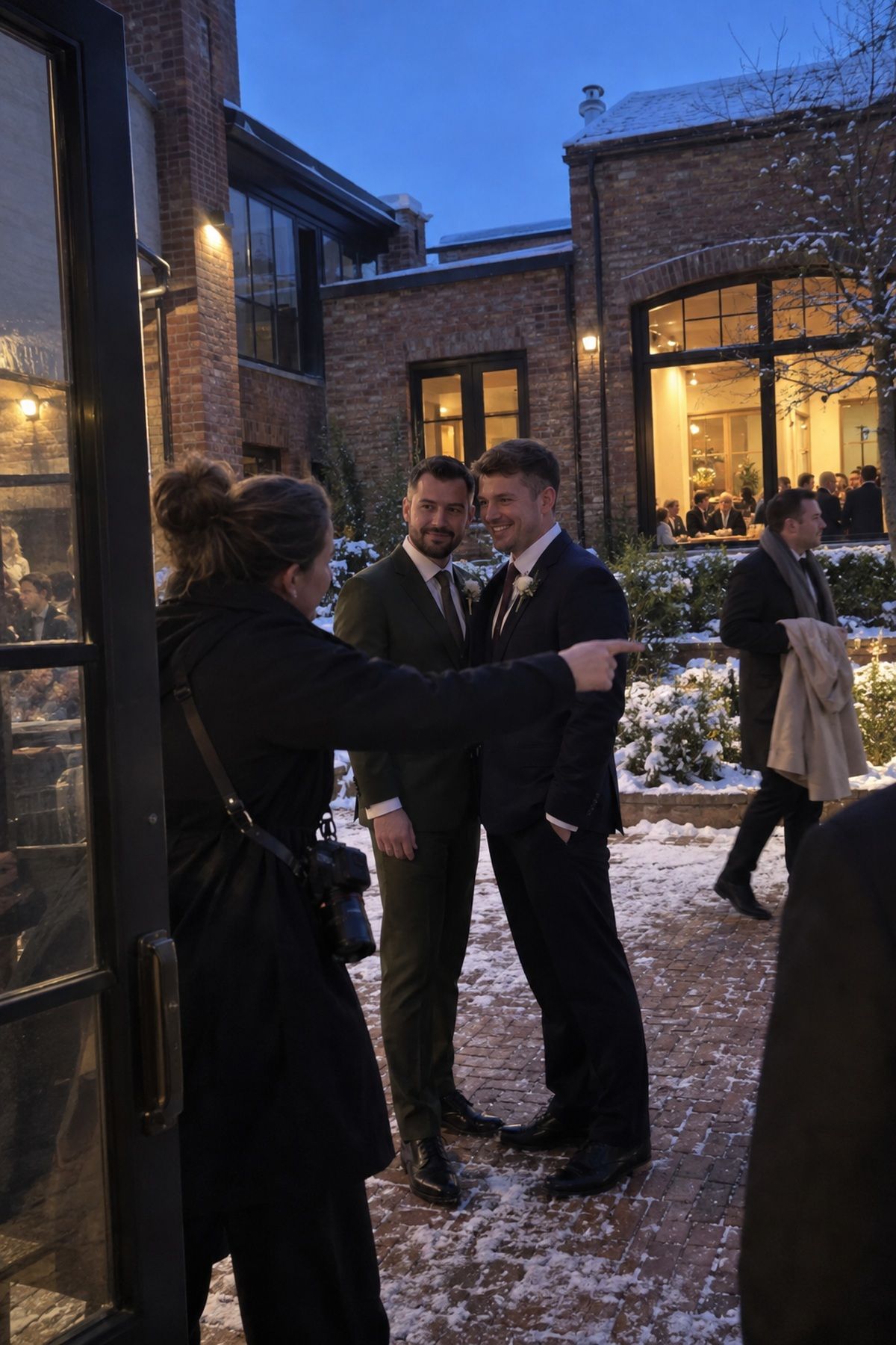 Two grooms pause for a brief blue-hour portrait beside their December reception.