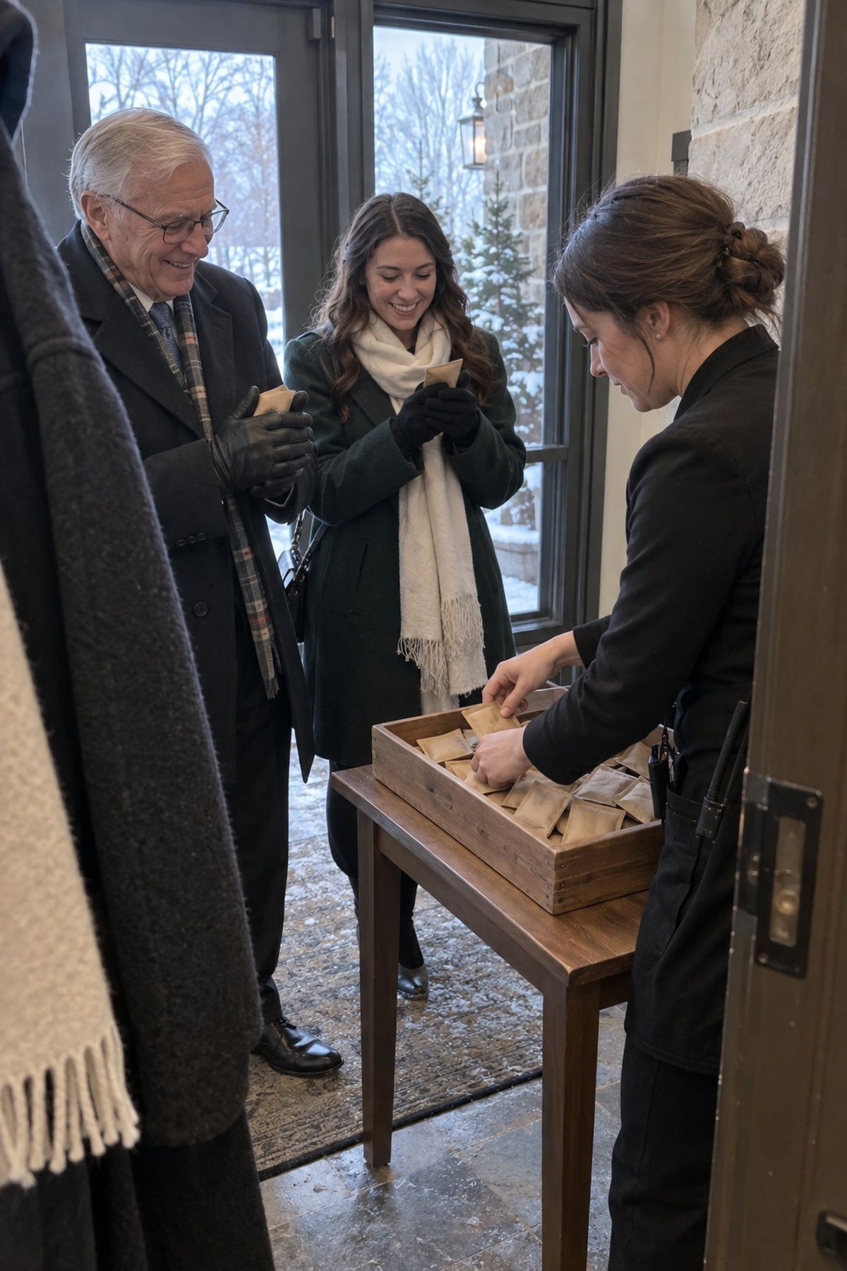 A coordinator offers sealed hand warmers beside a December family portrait area.