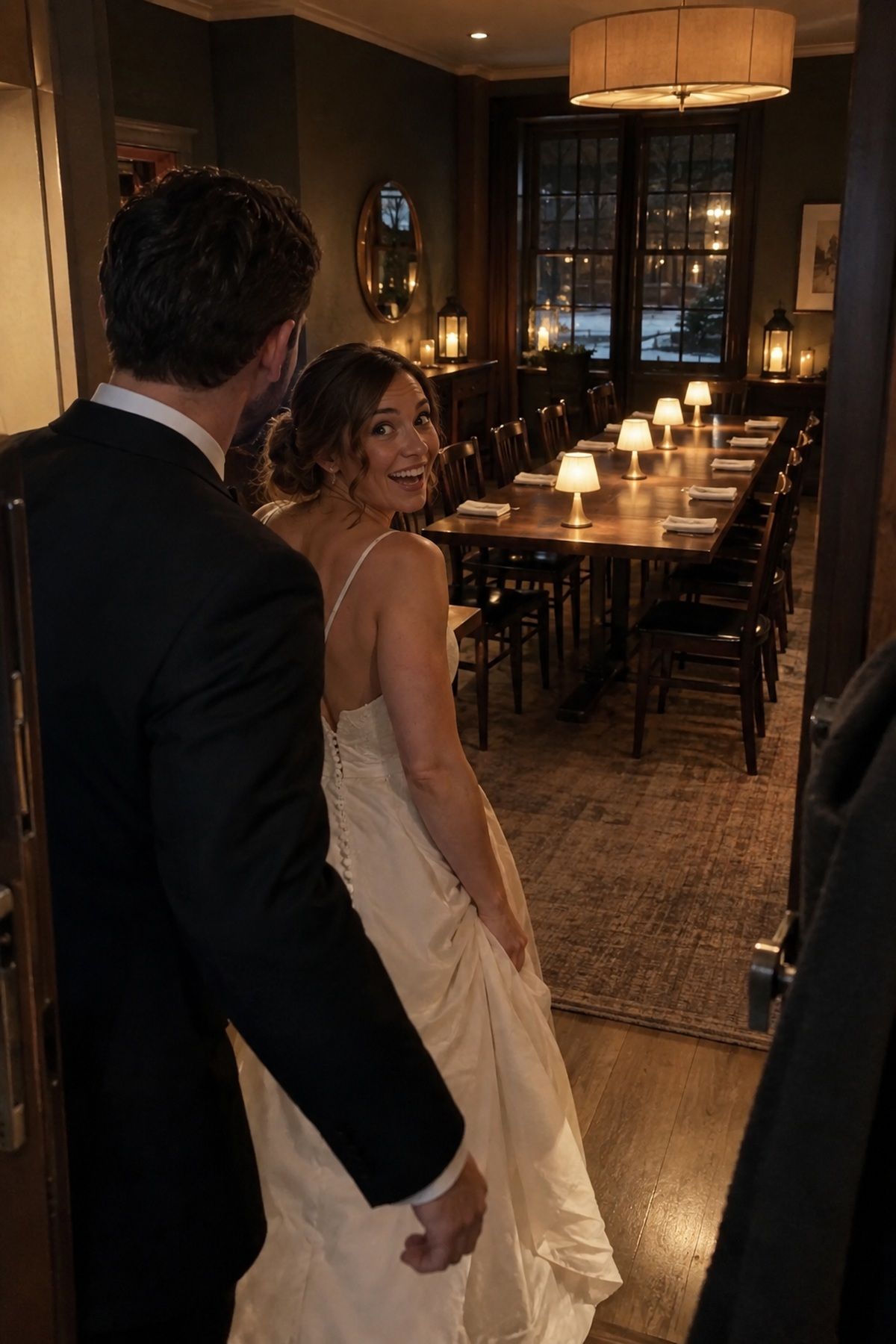 Newlyweds react to a warm flameless candlelit room reveal before dinner.