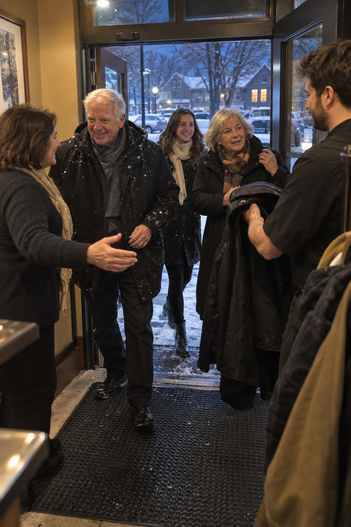 Guests arrive from the snow and receive a warm welcome at a December wedding.