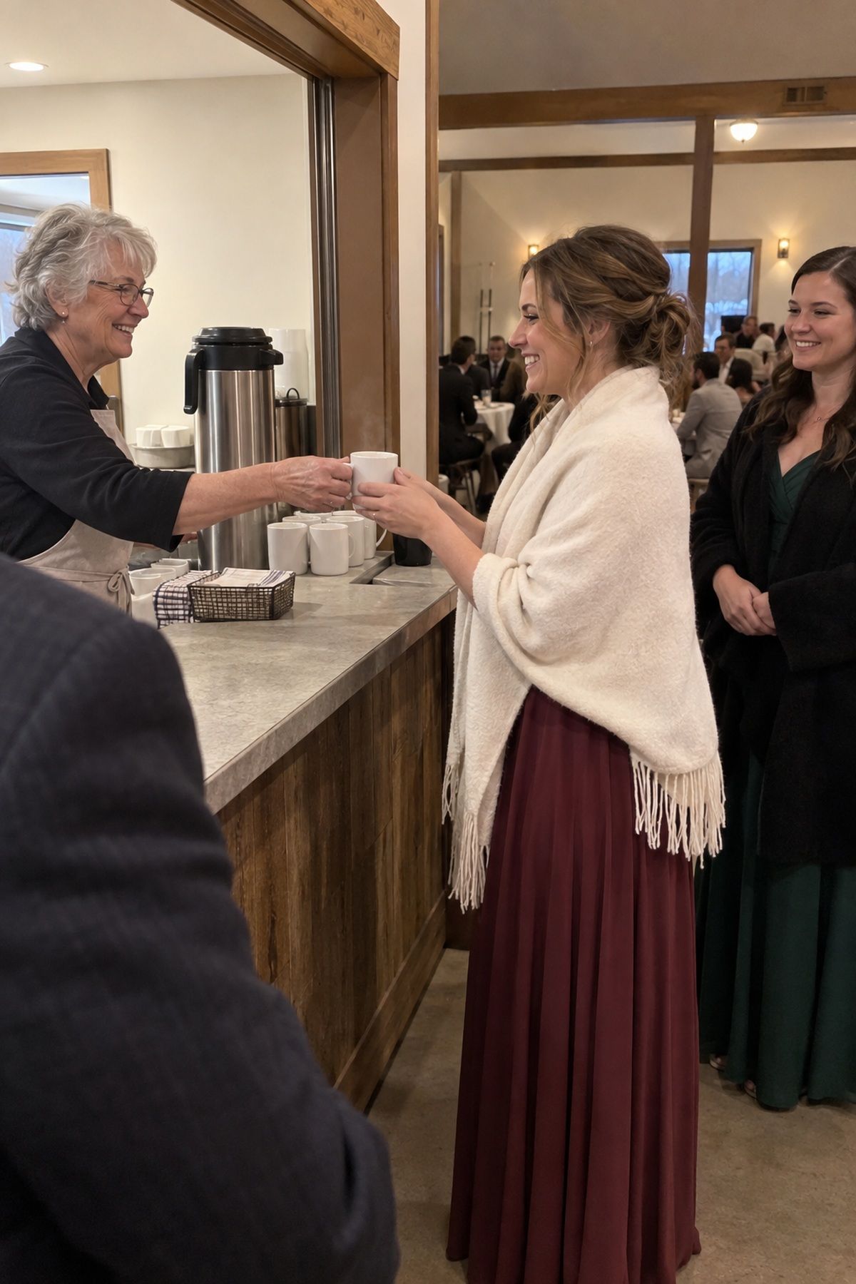 A server hands a warm drink to a wrapped guest at a December reception.