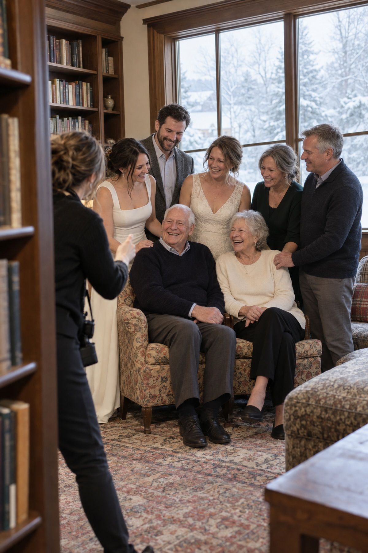 A multigenerational family gathers around seated grandparents for indoor wedding portraits.