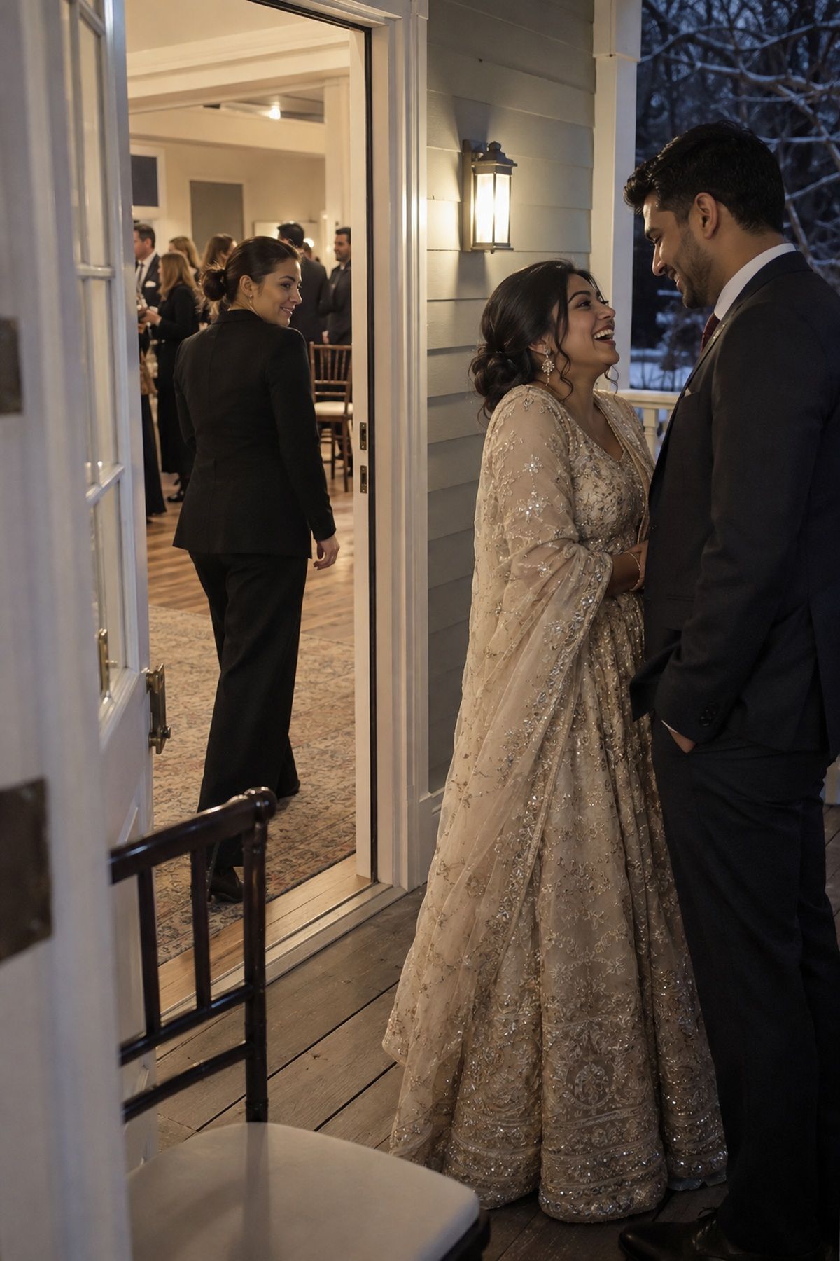 Newlyweds share a private five-minute pause just outside their December reception.
