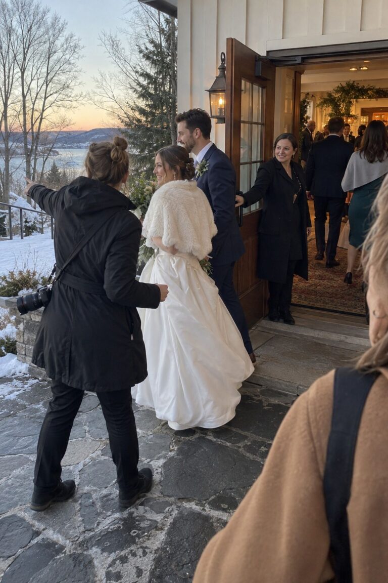 A photographer guides newlyweds toward the final winter daylight before their reception.