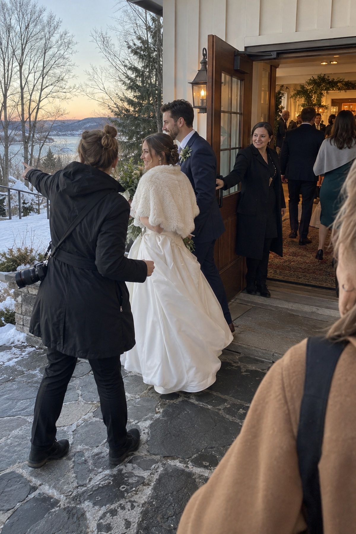 A photographer guides newlyweds toward the final winter daylight before their reception.