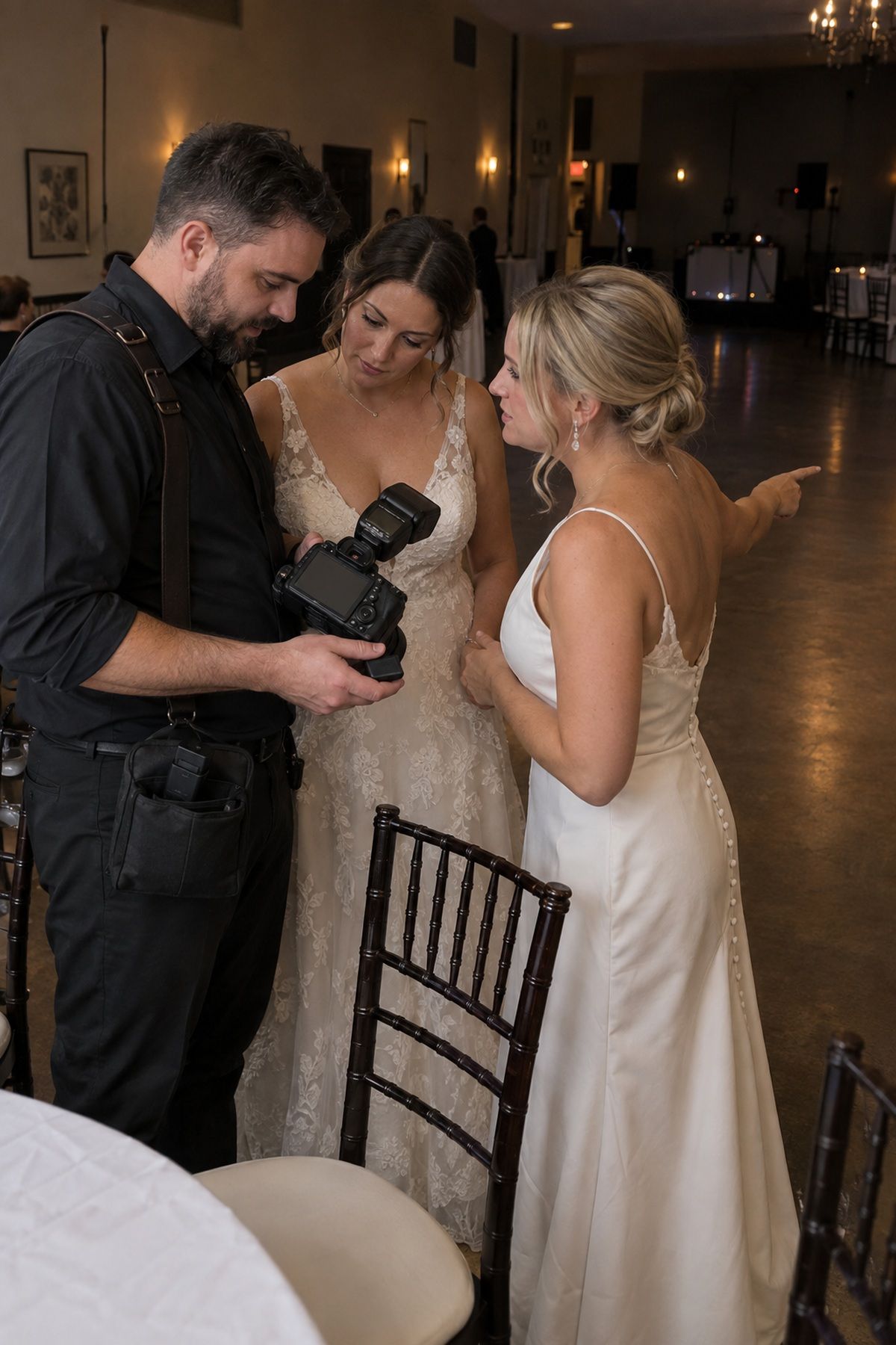 A photographer reviews low-light camera preparation with two brides before dancing.