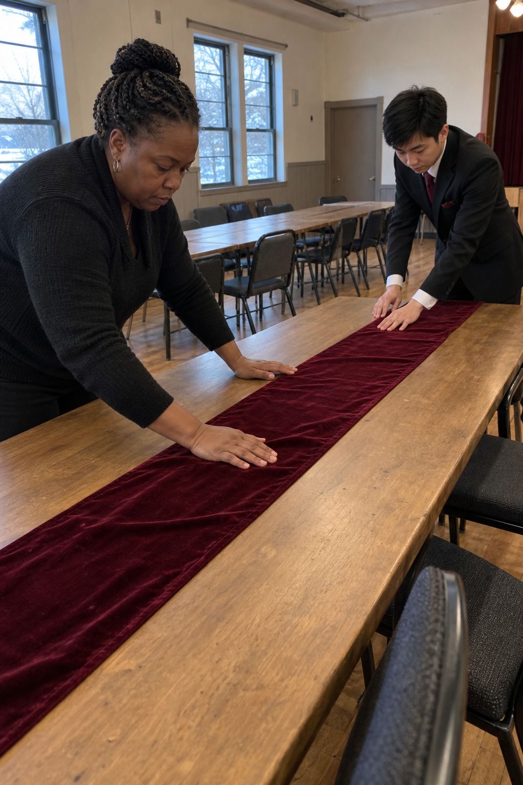 A middle-aged Black coordinator and young East Asian groom smooth a narrow burgundy velvet runner while leaving broad bare dinner zones on both sides.