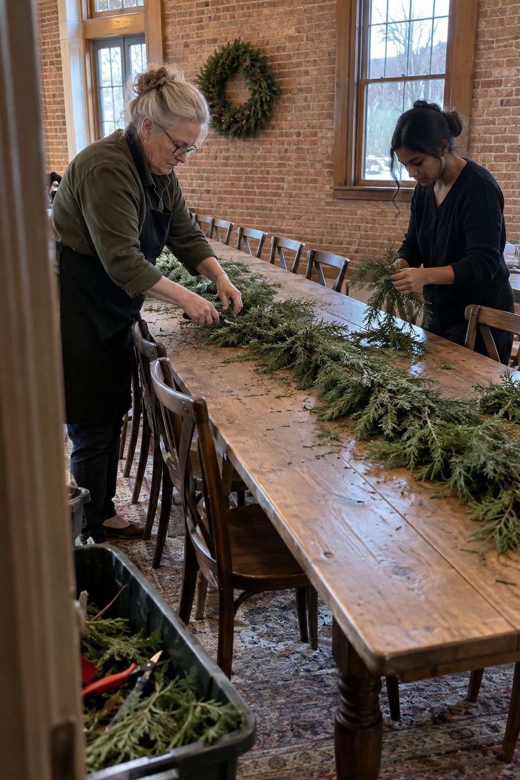 An older florist and young coordinator actively thin one flat evergreen garland on a bare lodge table, leaving open place-setting and serving zones.