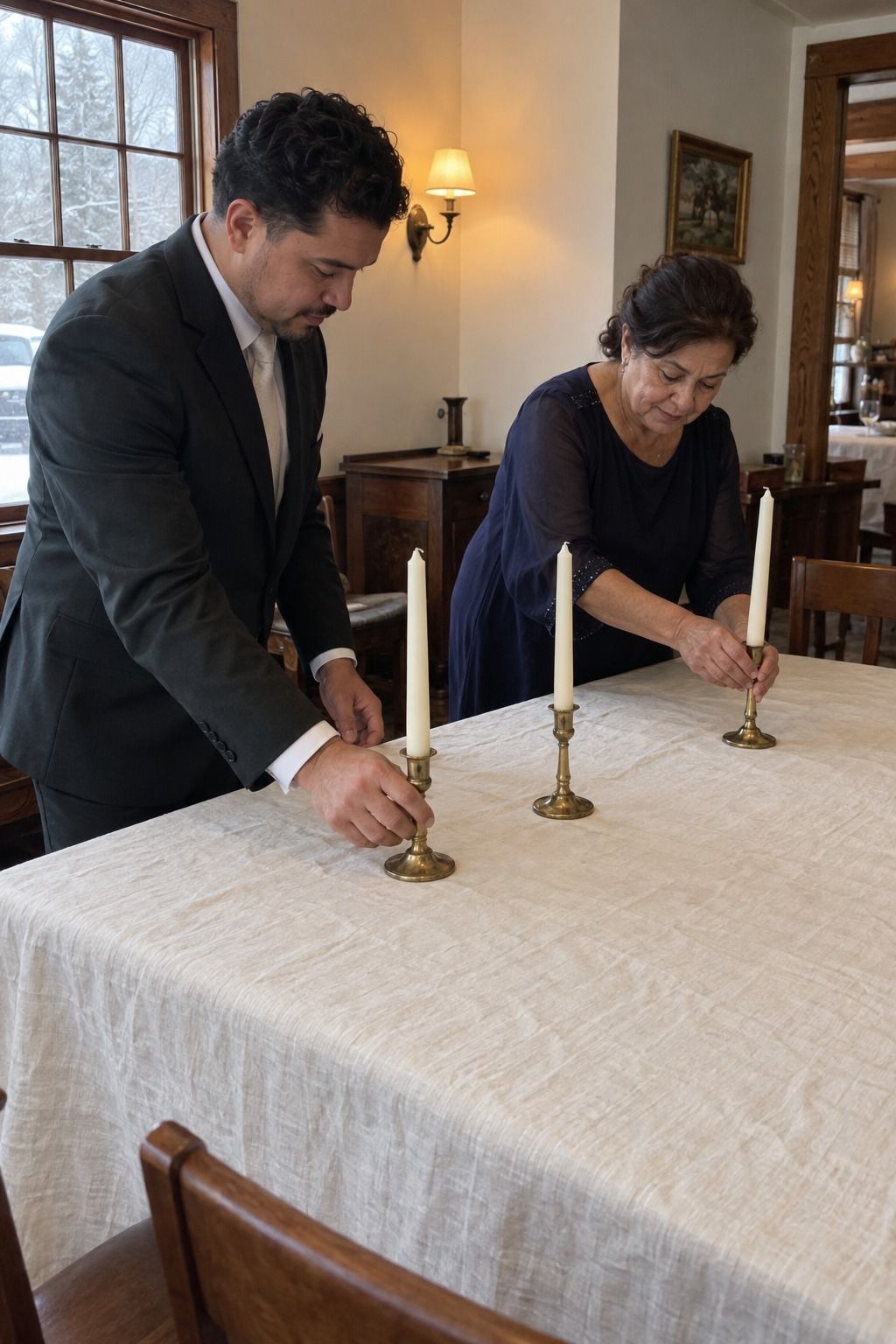 A Latino groom and his older aunt place three restrained aged-brass candlesticks with unlit ivory tapers on softly wrinkled ivory linen.