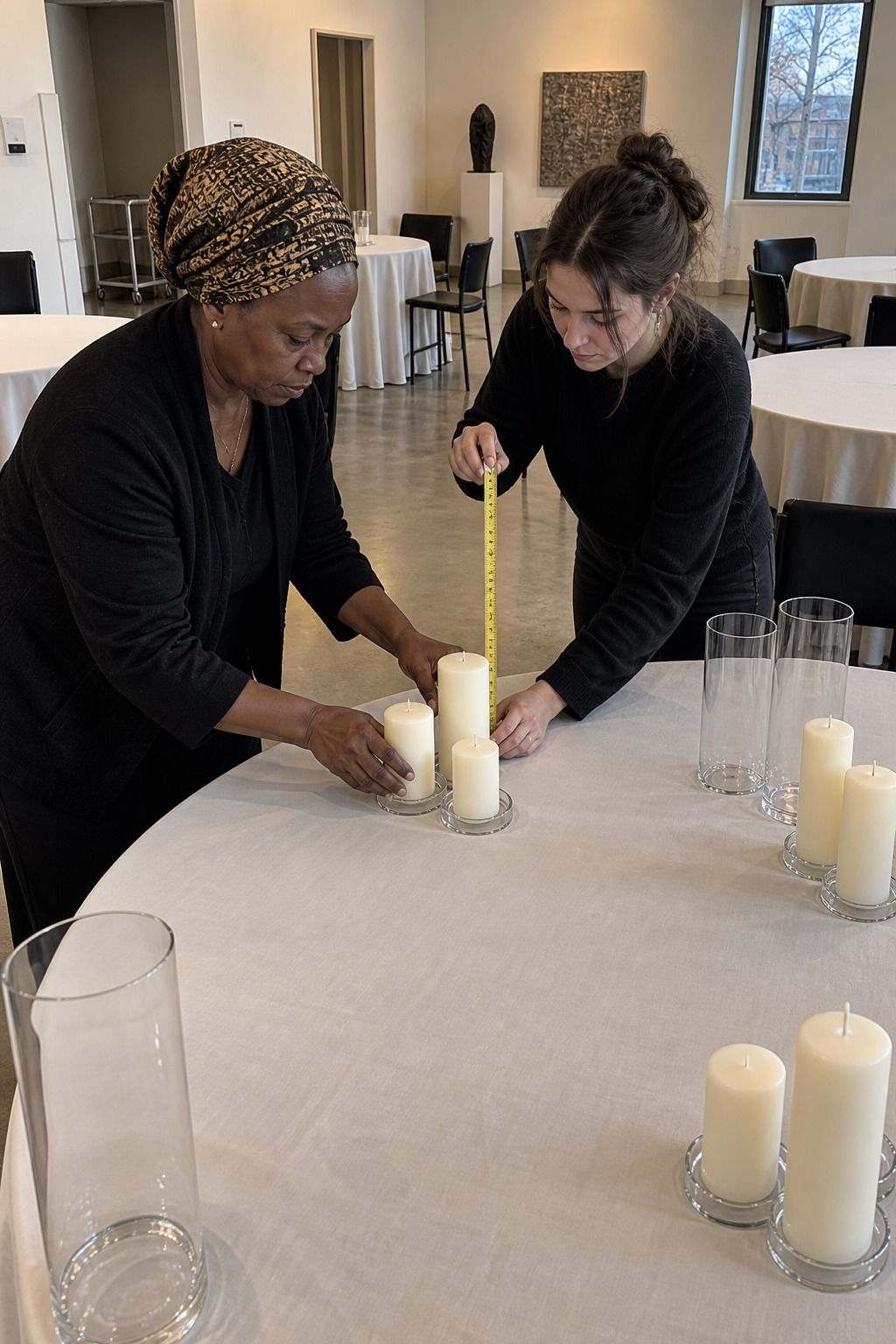 Two coordinators measure compact groups of unlit ivory pillar candles in clearly staggered heights on wide heat-safe glass bases.