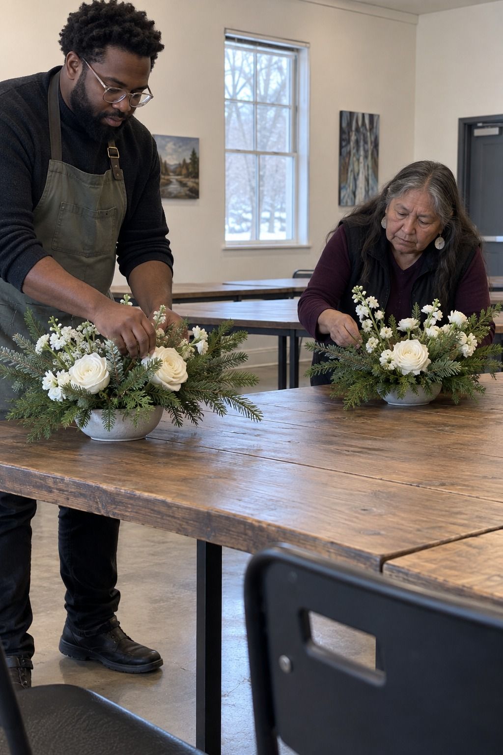 A Black florist and older Indigenous coordinator space very low white-flower bowls lightly framed by winter greenery across a bare arts-center table.