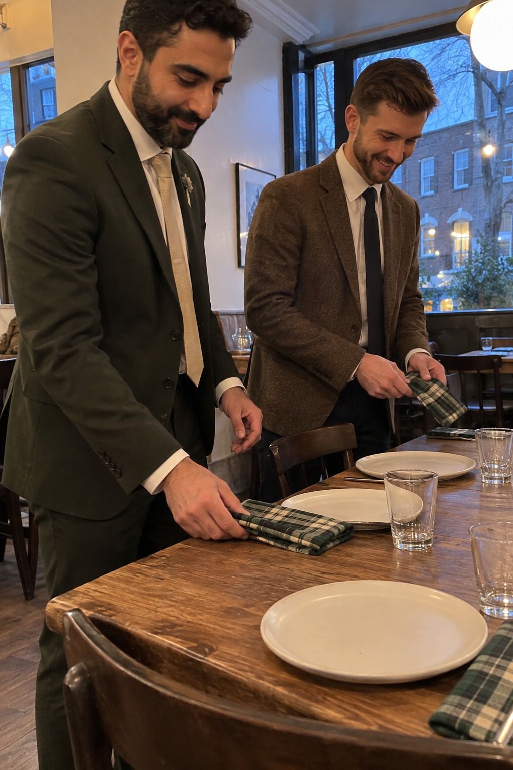 Two grooms set forest-and-cream plaid cloth napkins beside plain matte ivory plates in a neighborhood bistro.