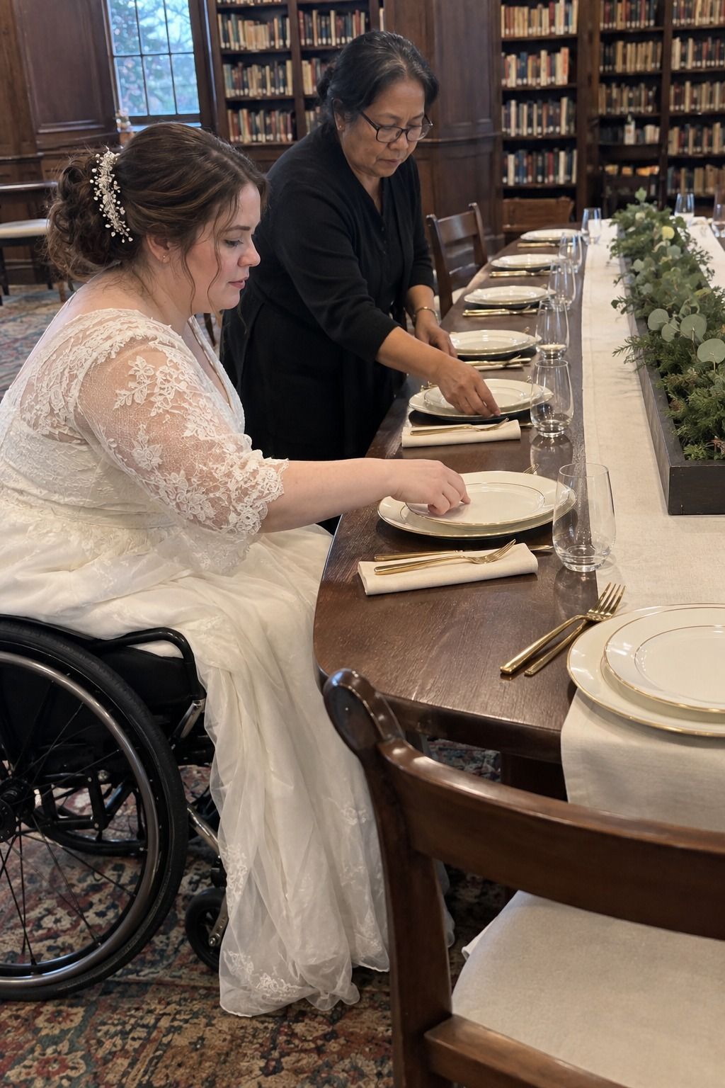 A wheelchair-using bride and older coordinator check thin gold-rimmed ivory place settings beside winter greenery isolated in a raised center trough.