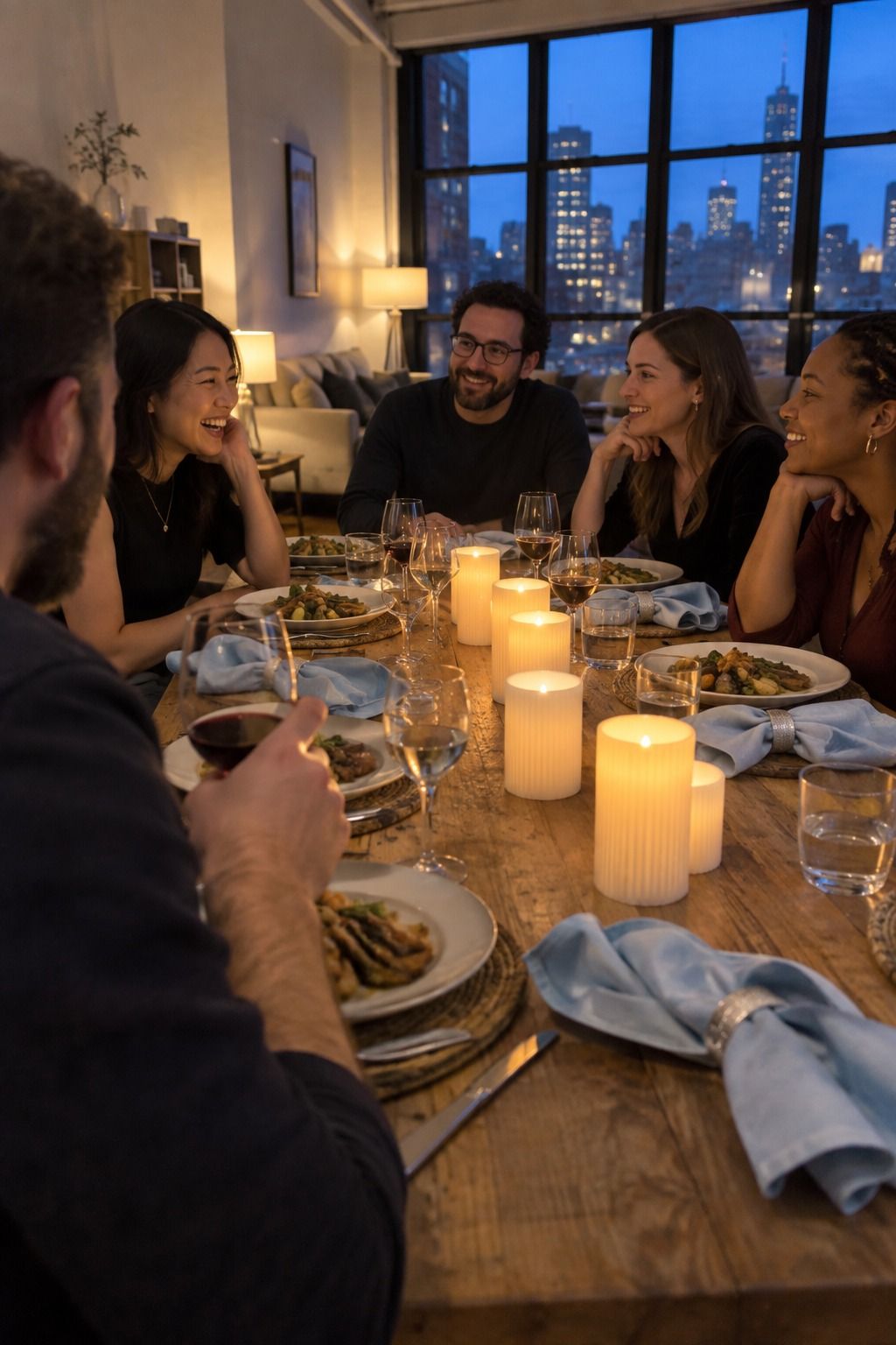 Five guests converse over unmistakable icy-blue napkins and warm cordless faux-candle lights during a relaxed blue-hour loft dinner.