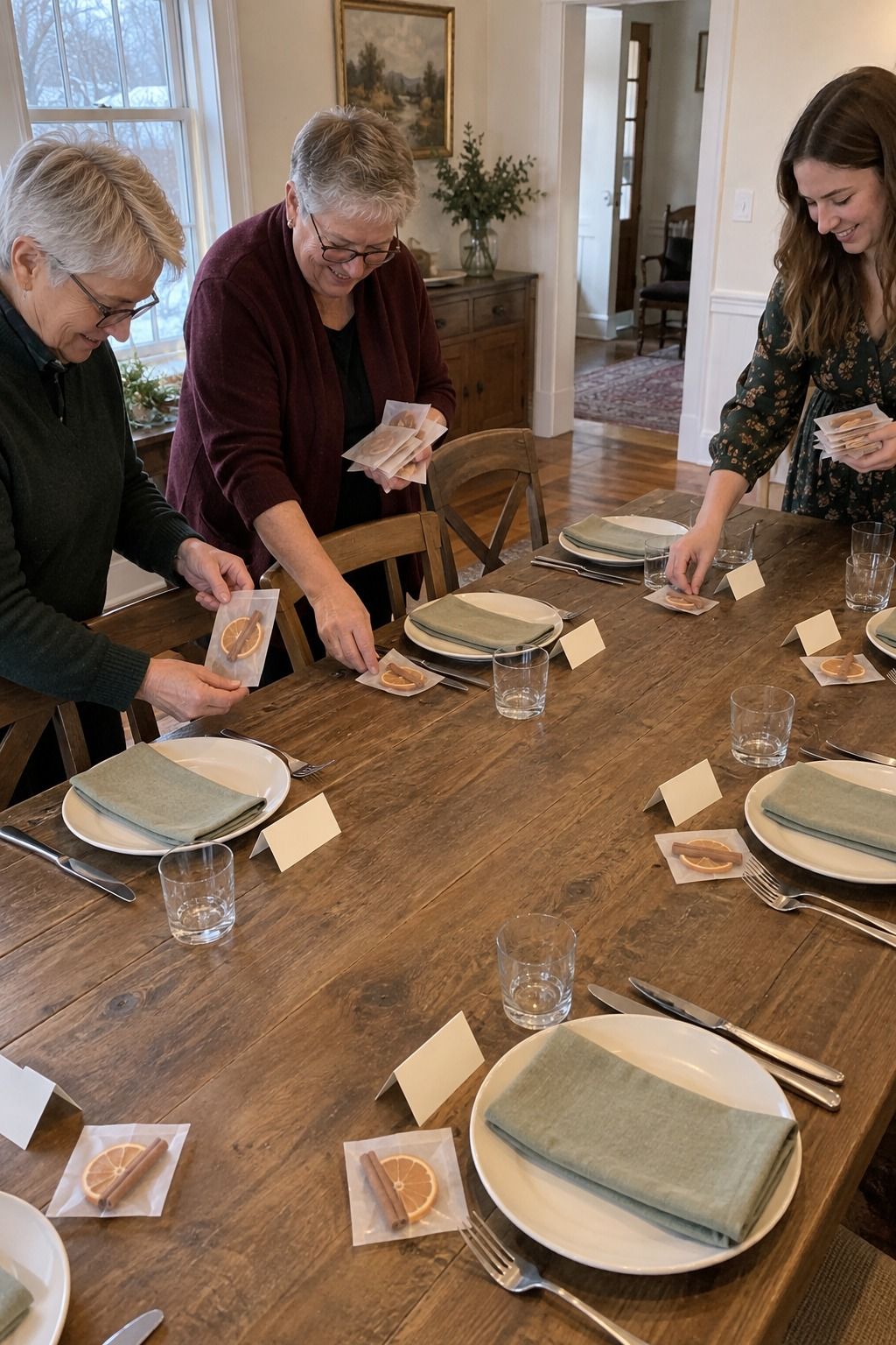 Two older brides and an adult niece place sealed glassine favor envelopes holding one cinnamon stick and dried-orange slice beside each setting.