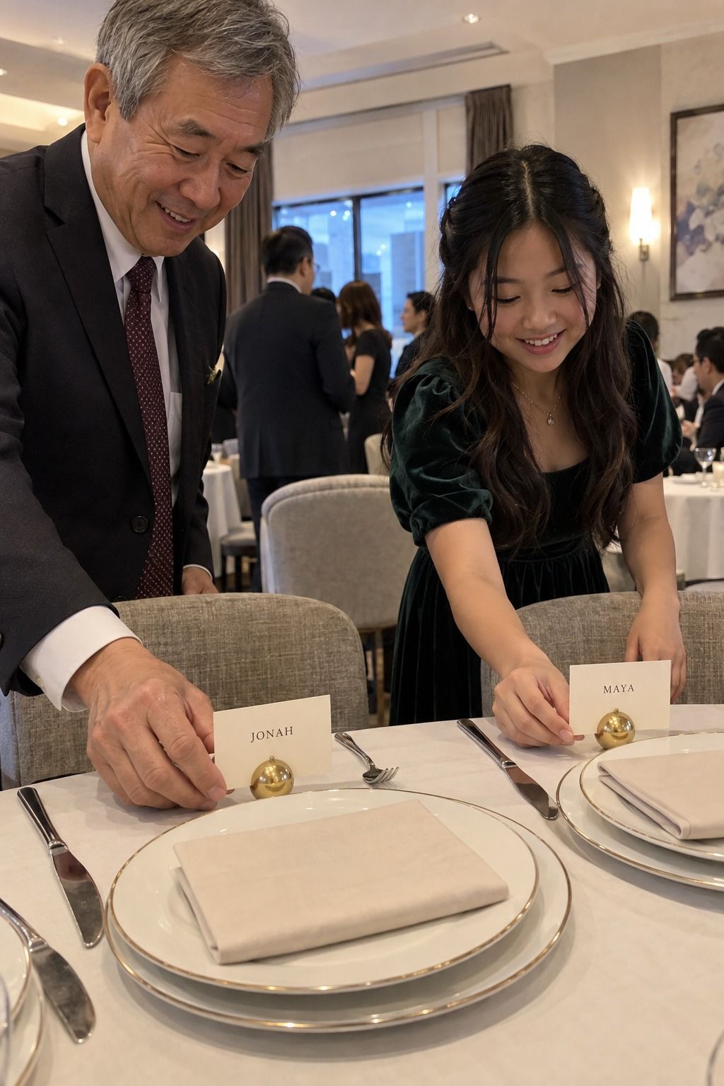 An older East Asian groom and his granddaughter set distinct readable JONAH and MAYA place cards in restrained round brass ornament holders.