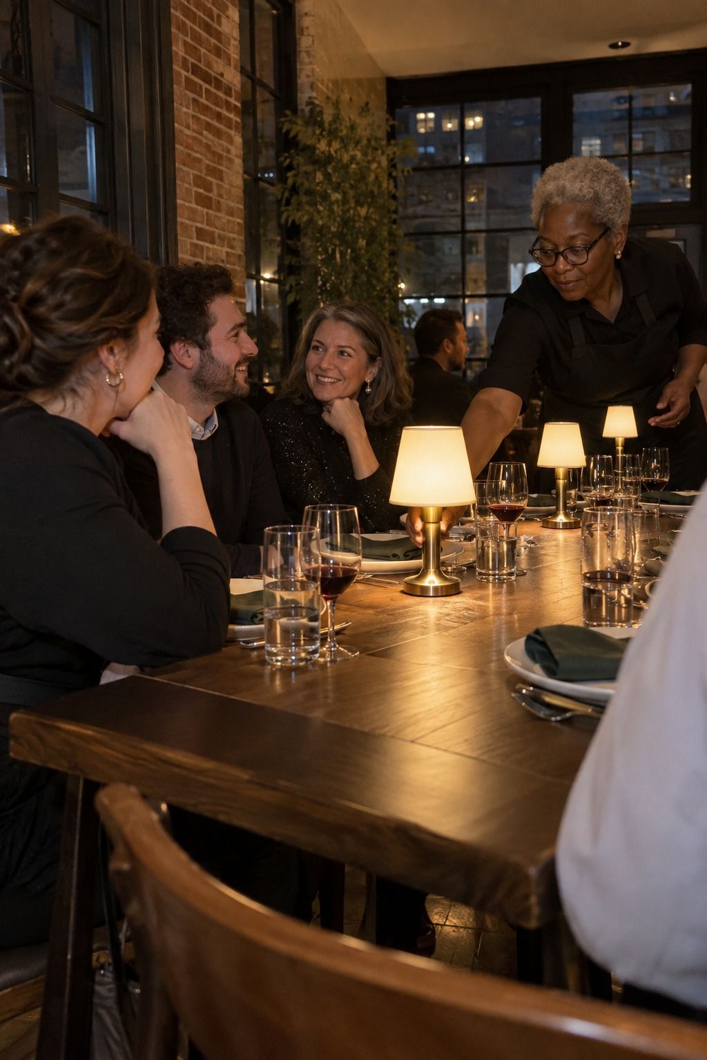 An older server adjusts one small cordless shaded lamp as three matching lamps glow below face level during a lively supper-club conversation.