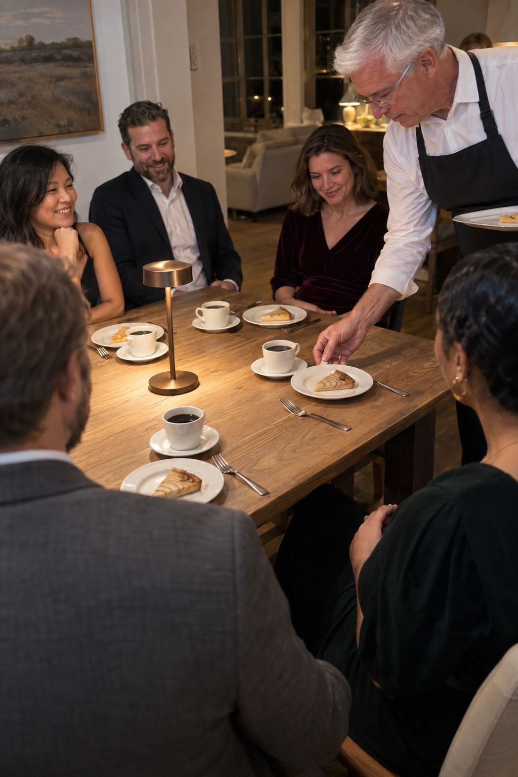 An older server places a small dessert plate as guests settle around coherent dessert forks, coffee cups, sweet plates, and open clearing space.