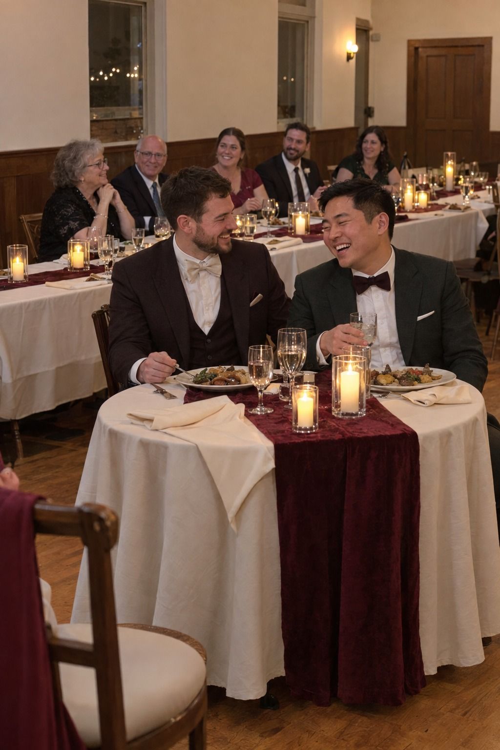 Two grooms laugh over dinner at a sweetheart table that repeats the guest tables' burgundy velvet, cream linen, and glass-enclosed low lights.