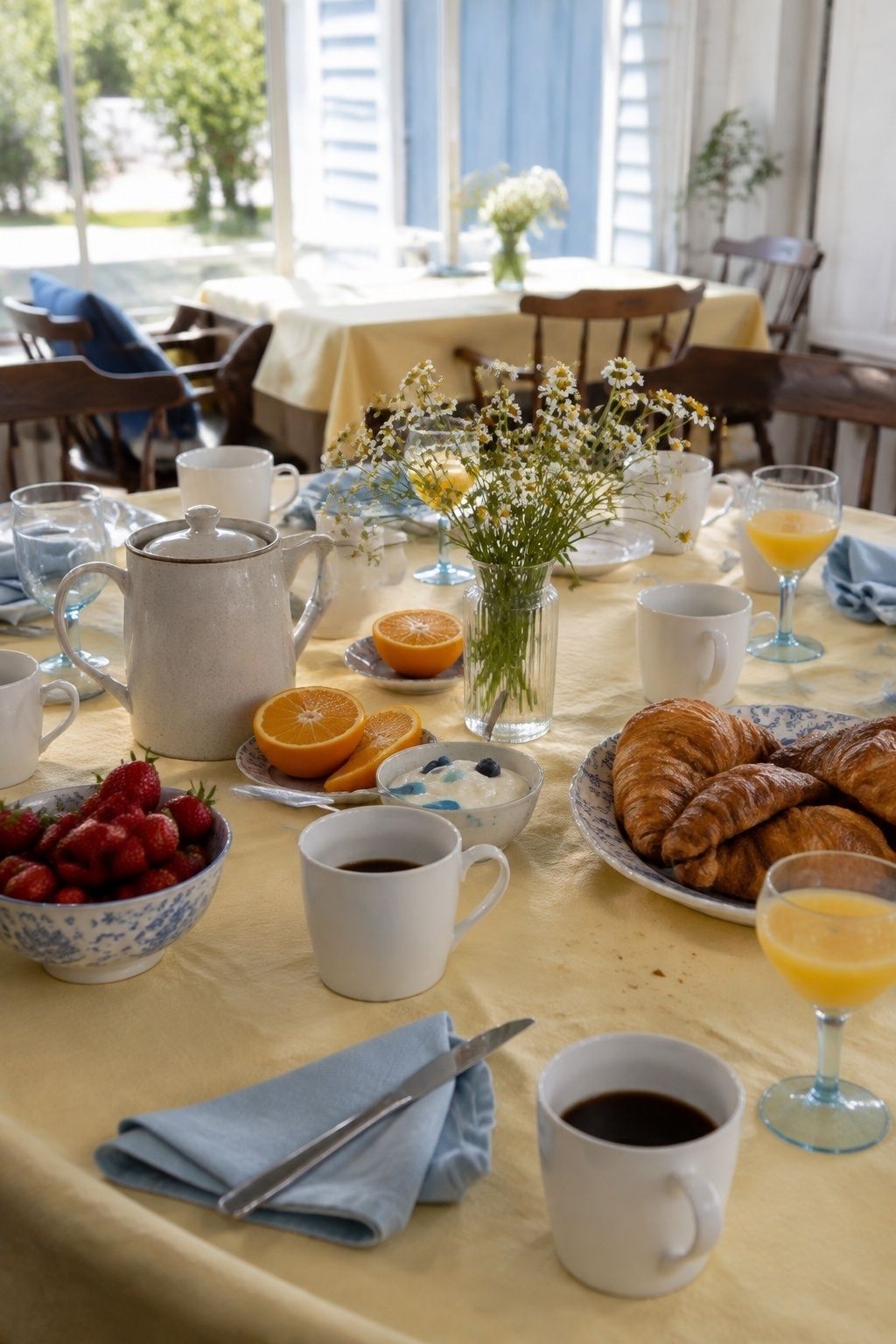 Daytime celebration brunch with coffee, croissants, fruit and orange juice