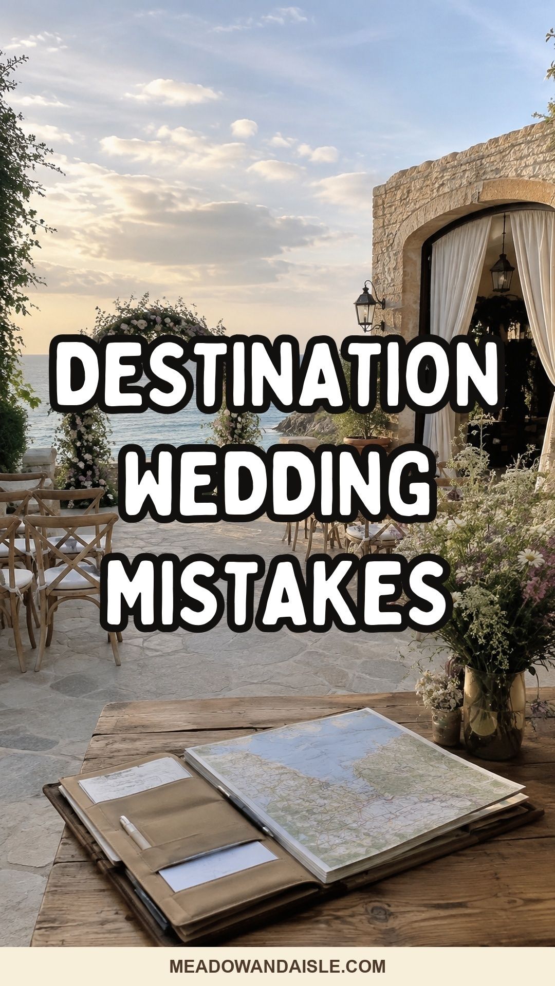 Destination wedding mistakes Pinterest pin for Meadow & Aisle
