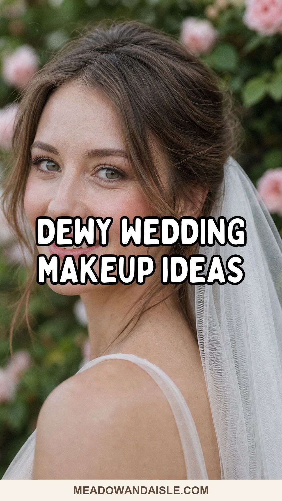 Dewy Wedding Makeup Ideas pin with pink bridal blush and glossy rose lips.