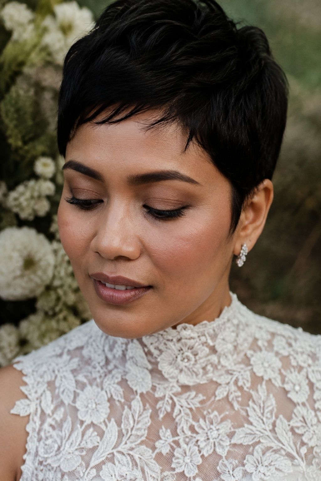 Dewy bridal skin with matte soft-brown eye makeup