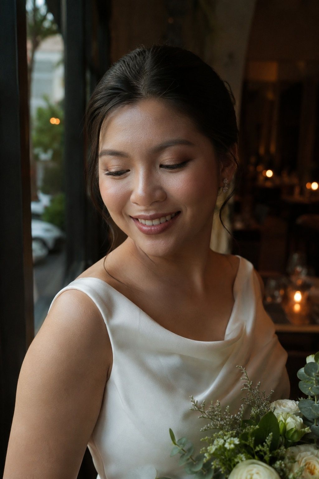 Champagne shimmer eyelids with restrained face glow