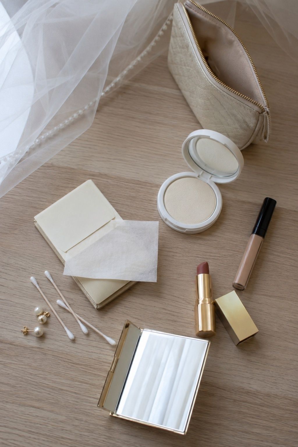 Bridal touch-up kit with blotting papers, powder, rose lip color, concealer and cotton buds.