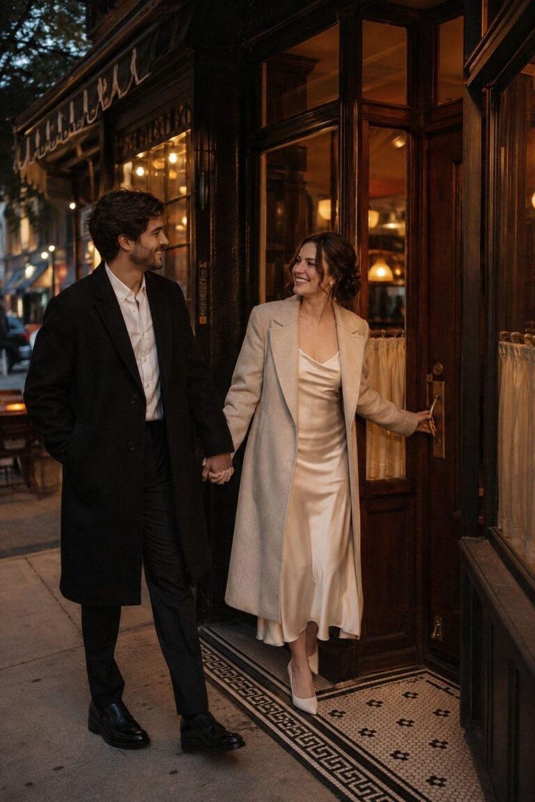 Dinner date engagement photos outside a meaningful neighborhood restaurant with warm window light