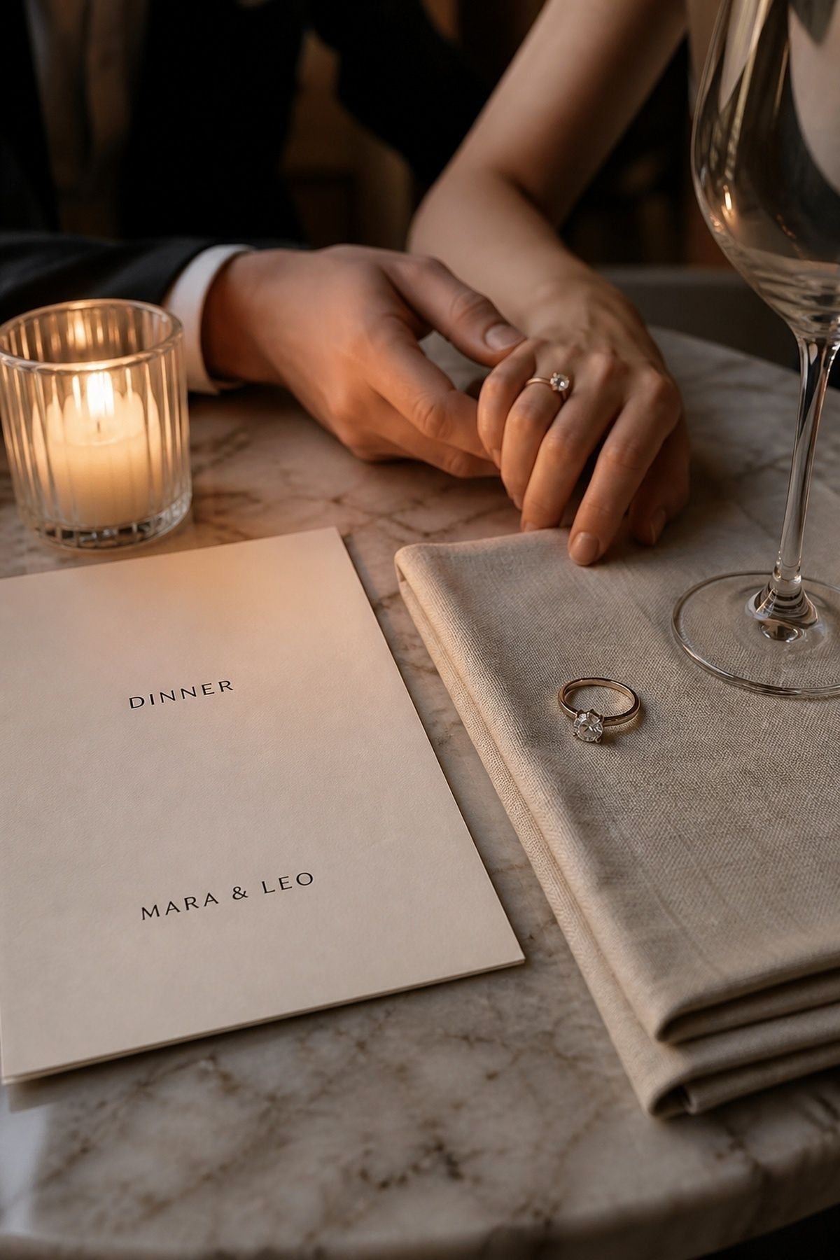 Dinner date engagement ring detail with a simple dinner menu, linen napkin, candle, and glass stem